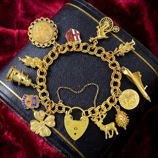 Vintage Curb Charm Bracelet With Heart Padlock And 12 Charms