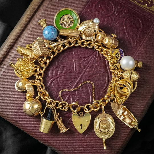 Vintage Curb Charm Bracelet With Heart Padlock And 26 Charms