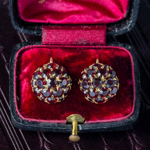 Vintage Garnet Cluster Earrings 18ct Gold