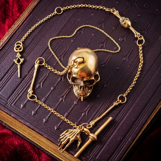 Vintage Gothic Memento Mori Skull Albert Chain Silver Gold Gilt 16 Inch