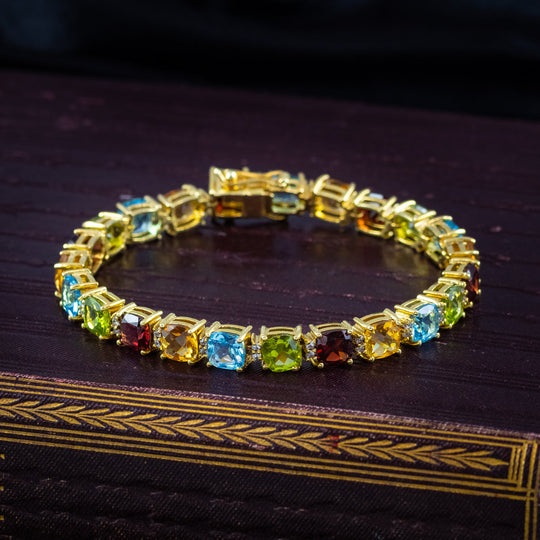 Vintage Multi-Gemstone Line Bracelet Silver 18ct Gold Gilt