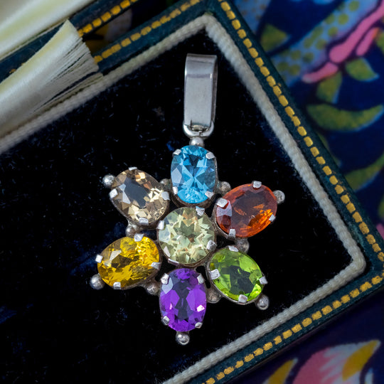 Vintage Multi Gemstone Starburst Pendant Sterling Silver