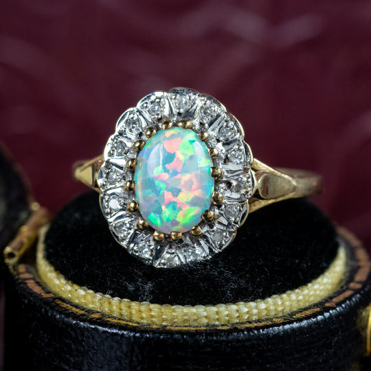 Vintage Opal Diamond Cluster Ring 0.80ct Cultured Opal