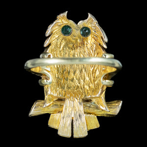 Vintage Owl Ring Emerald Eyes Dated 1972