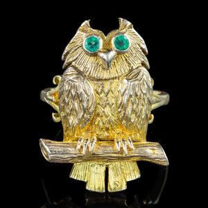 Vintage Owl Ring Emerald Eyes Dated 1972