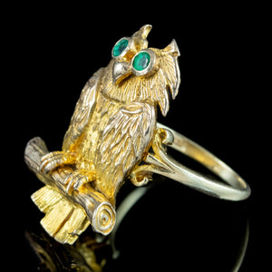 Vintage Owl Ring Emerald Eyes Dated 1972