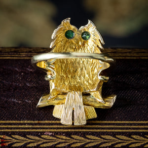 Vintage Owl Ring Emerald Eyes Dated 1972