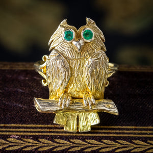 Vintage Owl Ring Emerald Eyes Dated 1972