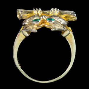 Vintage Owl Ring Emerald Eyes Dated 1972