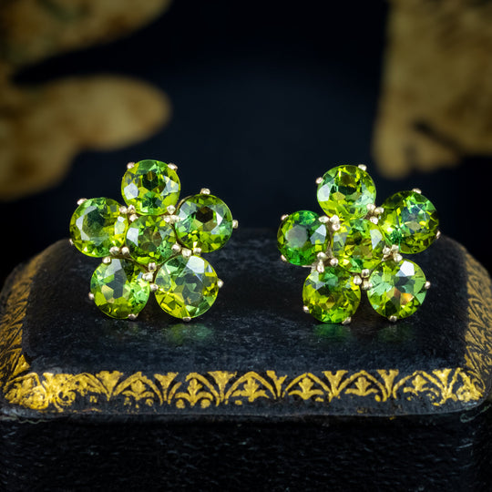 Vintage Peridot Flower Stud Earrings 9ct Gold
