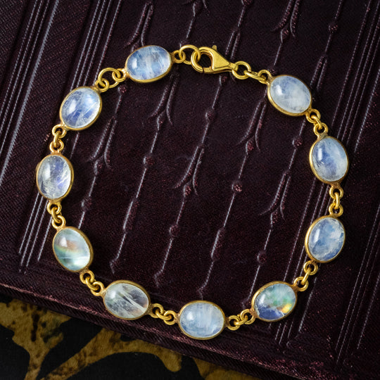 Vintage Rainbow Moonstone Bracelet Silver 18ct Gold Cased