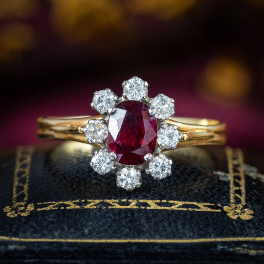 Vintage Ruby Diamond Cluster Ring 0.65ct Ruby Dated 1979