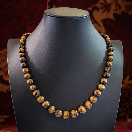 Vintage Tigers Eye Bead Necklace 18ct Gold Clasp