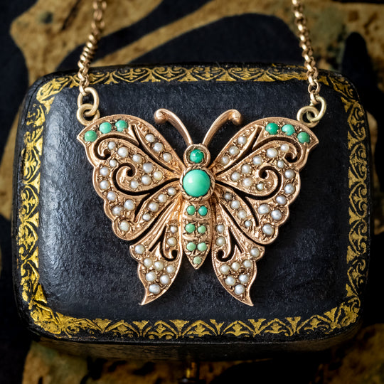 Vintage Turquoise Pearl Butterfly Lavaliere Necklace Dated 1976
