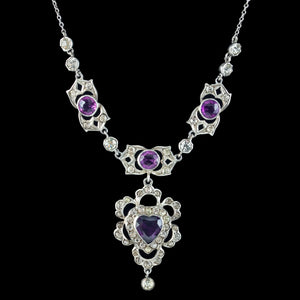 Antique Edwardian Purple Paste Heart Lavaliere Necklace Silver