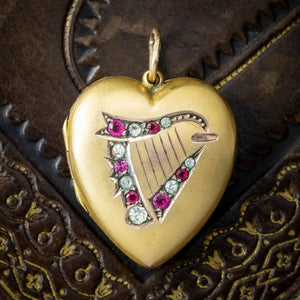 Antique Victorian Paste Lyre Heart Locket 9ct Gold Back And Front Circa 1900