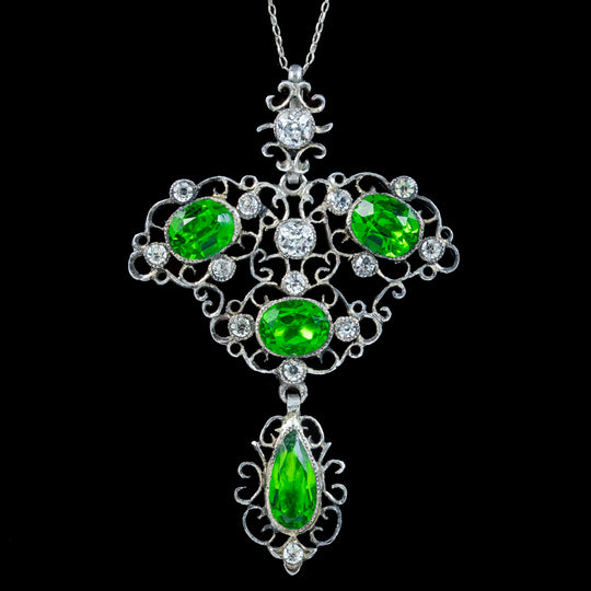 Antique Victorian Pendant Necklace Green Paste Stone Silver Circa 1900