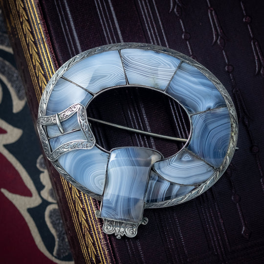 Antique Victorian Scottish Agate Buckle Brooch Silver Circa 1860