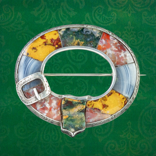 Antique Victorian Scottish Buckle Brooch Agate Silver Circa 1860