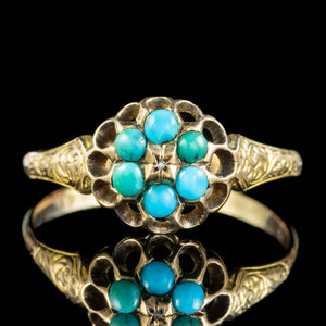 Antique Victorian Turquoise Diamond Cluster Ring 15Ct Gold, Dated 1870