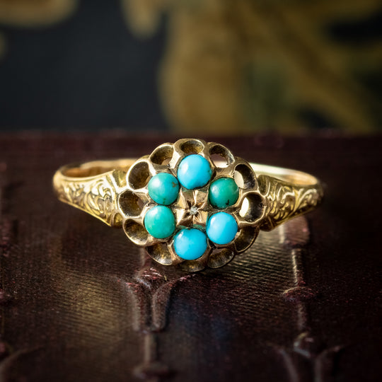 Antique Victorian Turquoise Diamond Cluster Ring 15Ct Gold, Dated 1870