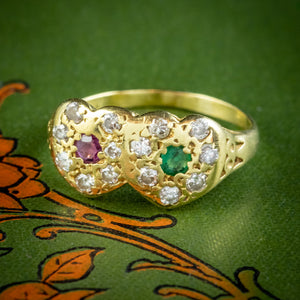 Vintage Ruby Emerald Diamond Double Heart Ring 18ct Gold, Dated 1979