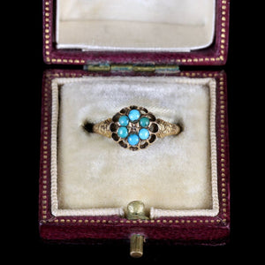 ANTIQUE VICTORIAN TURQUOISE DIAMOND CLUSTER RING 15CT Gold, DATED 1870