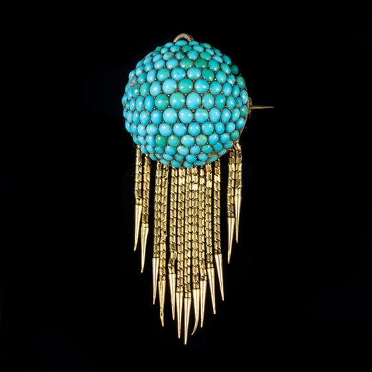 Antique Victorian Etruscan Turquoise Tassel Brooches 18ct Gold
