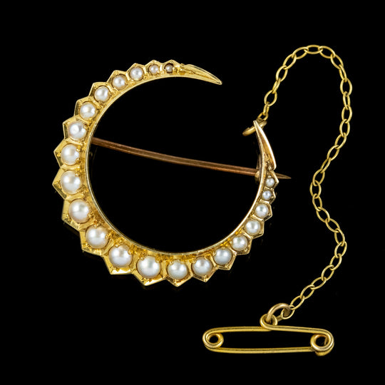 Antique Victorian Pearl Crescent Moon Brooch 18Ct Gold Circa 1900