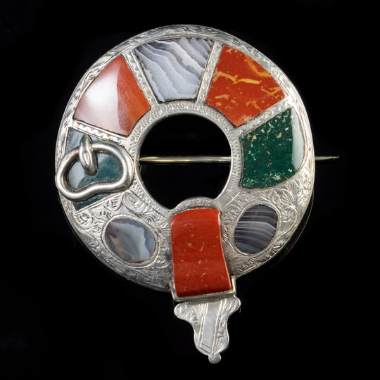 Antique Victorian Scottish Agate Belt Buckle Brooch Silver Circa 1860