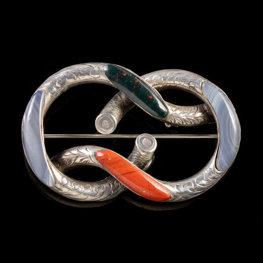Antique Victorian Scottish Silver Agate Knot Brooch Circa 1860