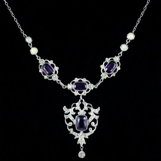 Antique Edwardian Purple Paste Lavaliere Necklace Silver