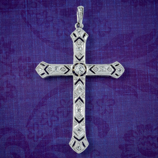 Antique Art Deco Diamond Cross Pendant 15ct Gold 0.20ct Diamond