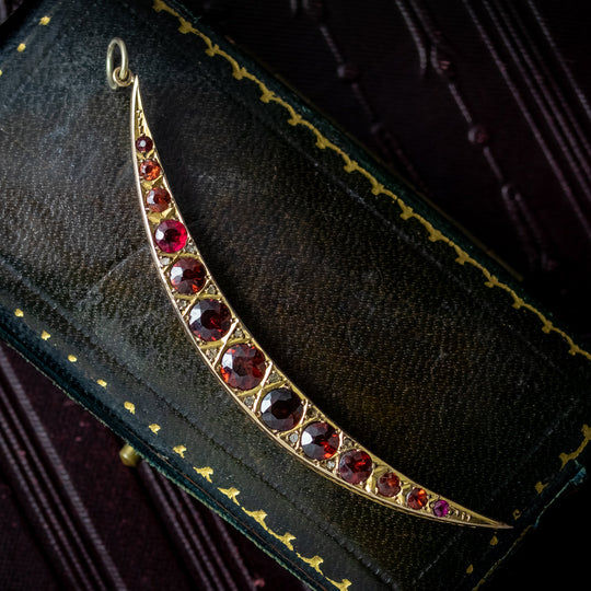 Antique Art Deco Garnet Diamond Crescent Moon Pendant 9ct Gold Dated 1923