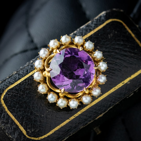 Antique Edwardian Amethyst Pearl Brooch 9ct Gold 20ct Amethyst