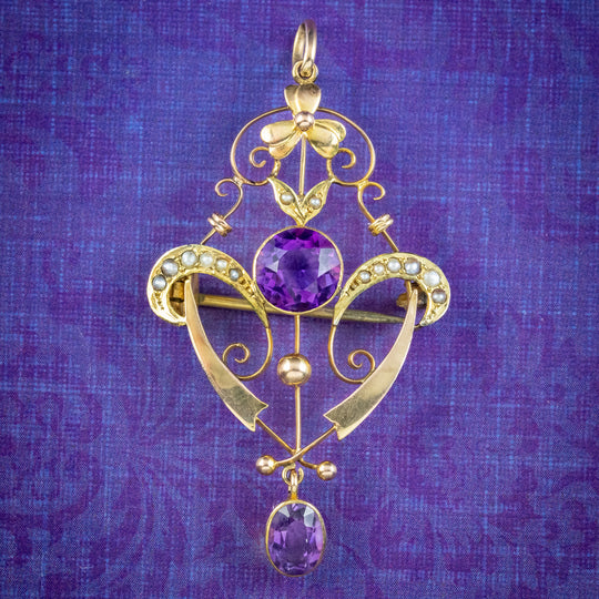 Antique Edwardian Amethyst Pearl Pendant 9ct Gold