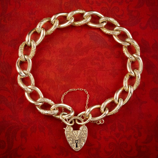 Antique Edwardian Curb Bracelet 9ct Gold With Padlock Dated 1902