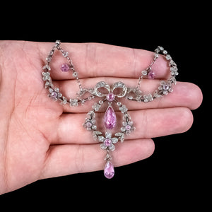 Antique Edwardian French Pink Paste Floral Lavaliere Necklace Silver