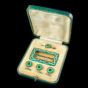 Antique Edwardian Guilloche Enamel Suite Shirt Stud Buckle And Pin With Box Dated 1911 boxed 2