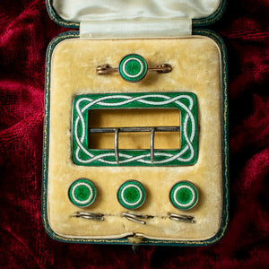 Antique Edwardian Guilloche Enamel Suite Shirt Stud Buckle And Pin With Box Dated 1911 social