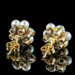 Antique Edwardian Opal Pearl Cluster Stud Earrings 9ct Gold 