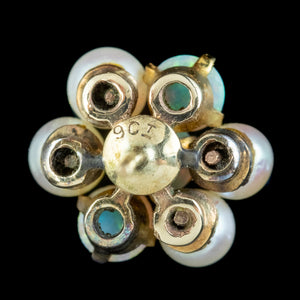 Antique Edwardian Opal Pearl Cluster Stud Earrings 9ct Gold 