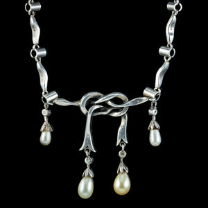 Antique Edwardian Pearl Paste Love Knot Lavaliere Necklace Silver Circa 1905 back