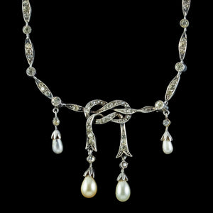 Antique Edwardian Pearl Paste Love Knot Lavaliere Necklace Silver Circa 1905 front 2