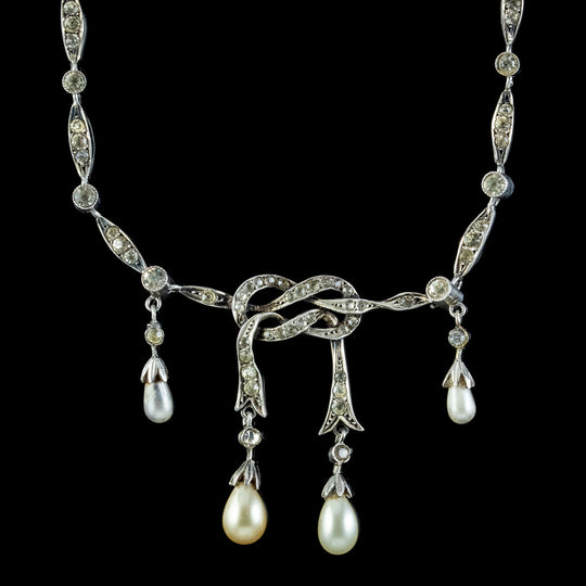 Antique Edwardian Pearl Paste Love Knot Lavaliere Necklace Silver Circa 1905