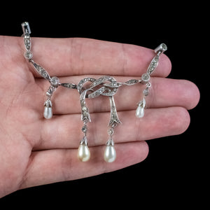 Antique Edwardian Pearl Paste Love Knot Lavaliere Necklace Silver Circa 1905 hand