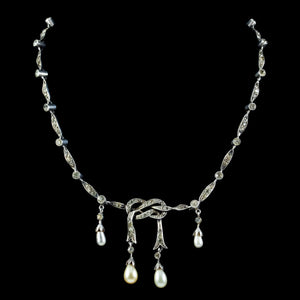 Antique Edwardian Pearl Paste Love Knot Lavaliere Necklace Silver Circa 1905 front3