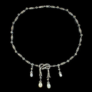 Antique Edwardian Pearl Paste Love Knot Lavaliere Necklace Silver Circa 1905 front 4