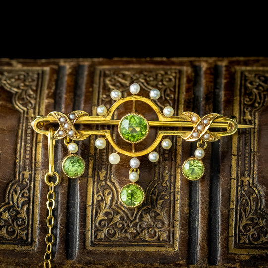 Antique Edwardian Peridot Pearl Brooch 15ct Gold