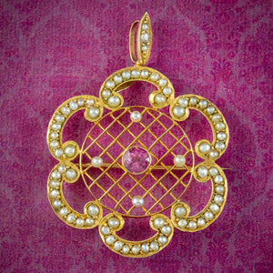 Antique Edwardian Pink Tourmaline Pearl Brooch 9ct Gold